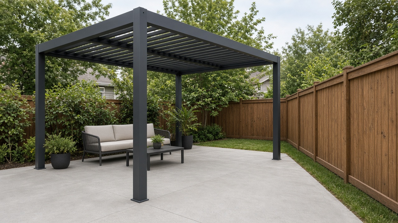 Walkable concrete gap between a pergola post and a wood fence. Concept visualization · Not a customer installation