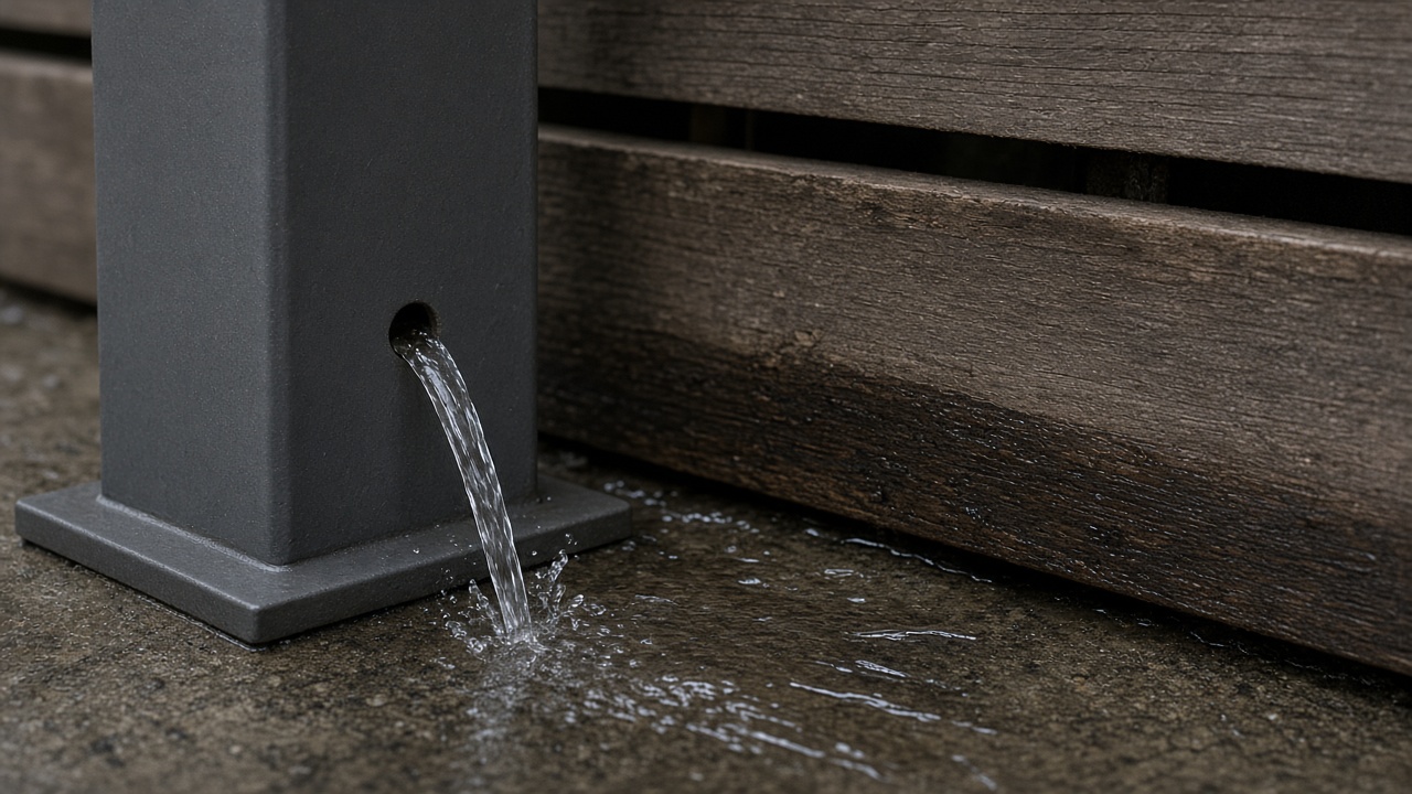 Water leaving a post-base outlet toward the bottom of a wood fence. Concept visualization · Not a customer installation