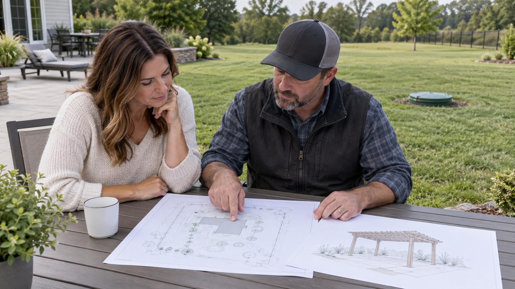 Homeowner and site professional reviewing property records beside an open lawn with a closed access lid