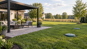 Generic pergola patio separate from an open lawn with closed septic access lids. Concept visualization · Not a customer installation
