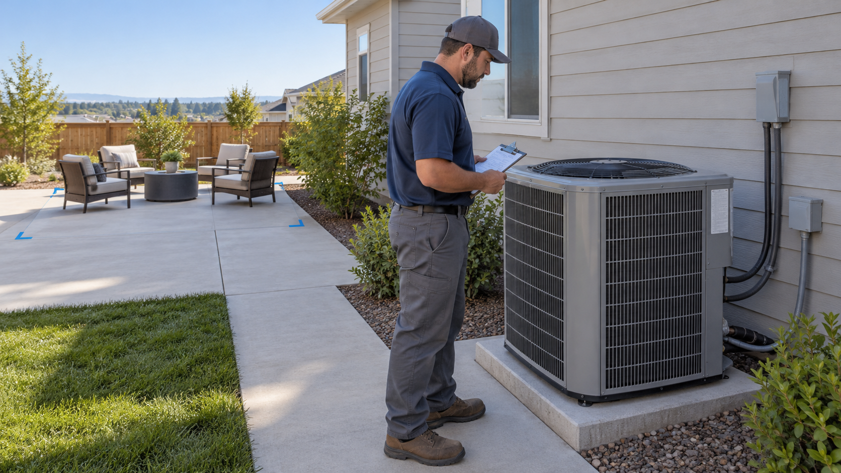 Technician reviewing an outdoor condenser beside a separately marked patio seating area