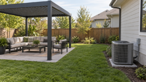 Separate pergola seating area beside an outdoor condenser under open sky. Concept visualization · Not a customer installation