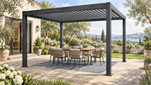 Generic louvered pergola with a flat rug beneath a patio dining table. Concept visualization · Not a customer installation