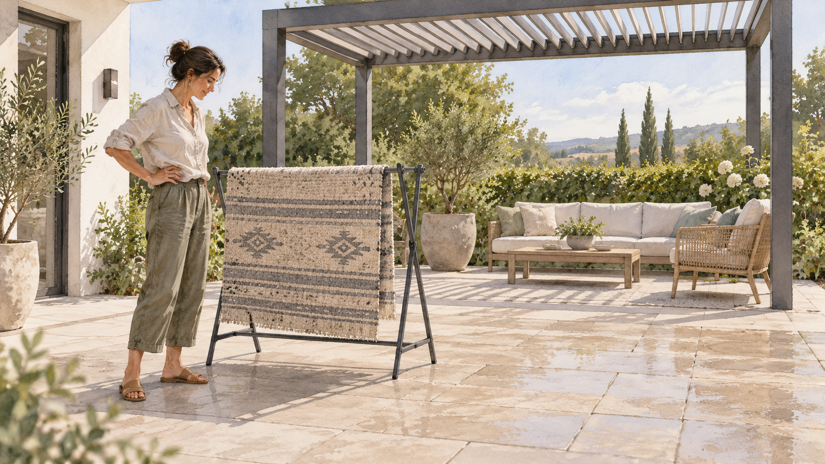 Homeowner checking a rug on a separate freestanding drying rack beside a patio. Concept visualization · Not a customer installation