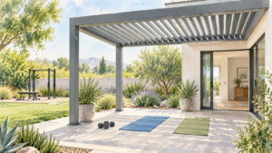Workout mats beneath a generic louvered pergola with a separate training station outside. Concept visualization · Not a customer installation
