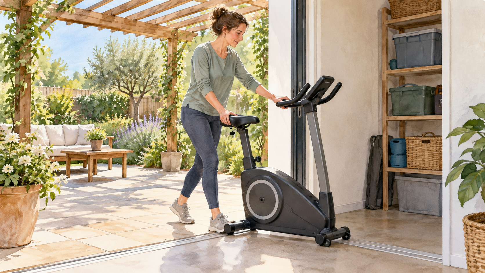 Homeowner moving a generic exercise bike from a patio through an open doorway. Concept visualization · Not a customer installation