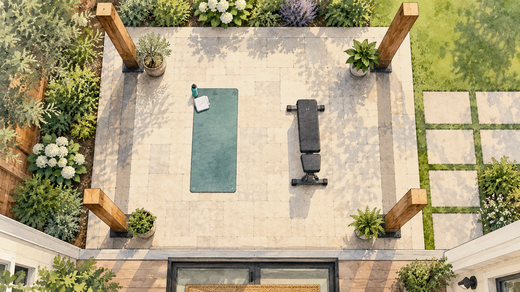 Overhead view of a workout mat and independent bench between four posts. Concept visualization · Not a customer installation