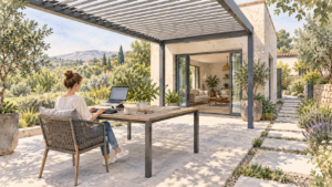 Person working at an independent patio table beneath a generic louvered pergola. Concept visualization · Not a customer installation