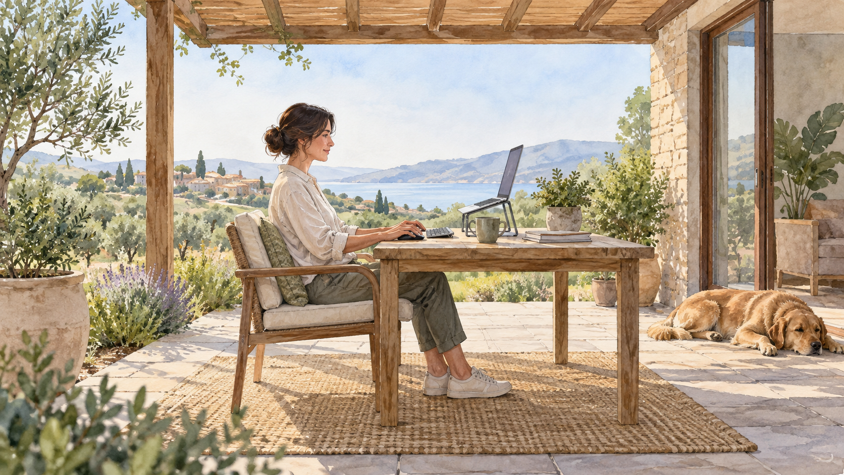 Person using an independent patio desk with a laptop stand and separate keyboard. Concept visualization · Not a customer installation