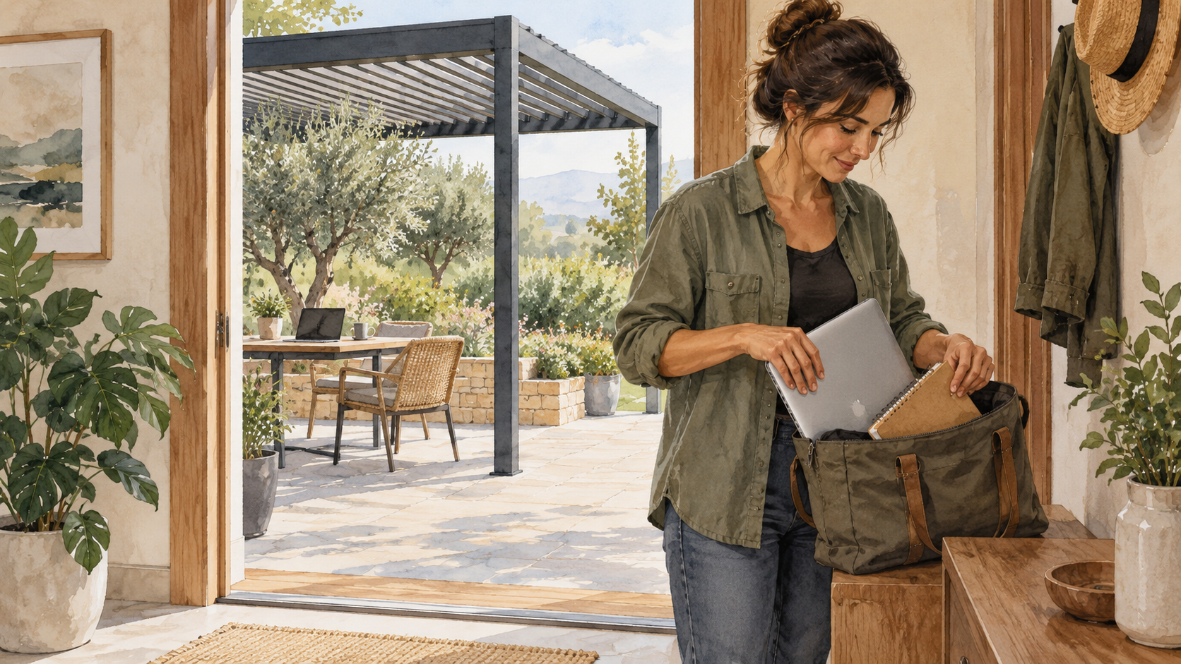 Person placing a closed laptop and notebook into a bag inside a patio doorway. Concept visualization · Not a customer installation