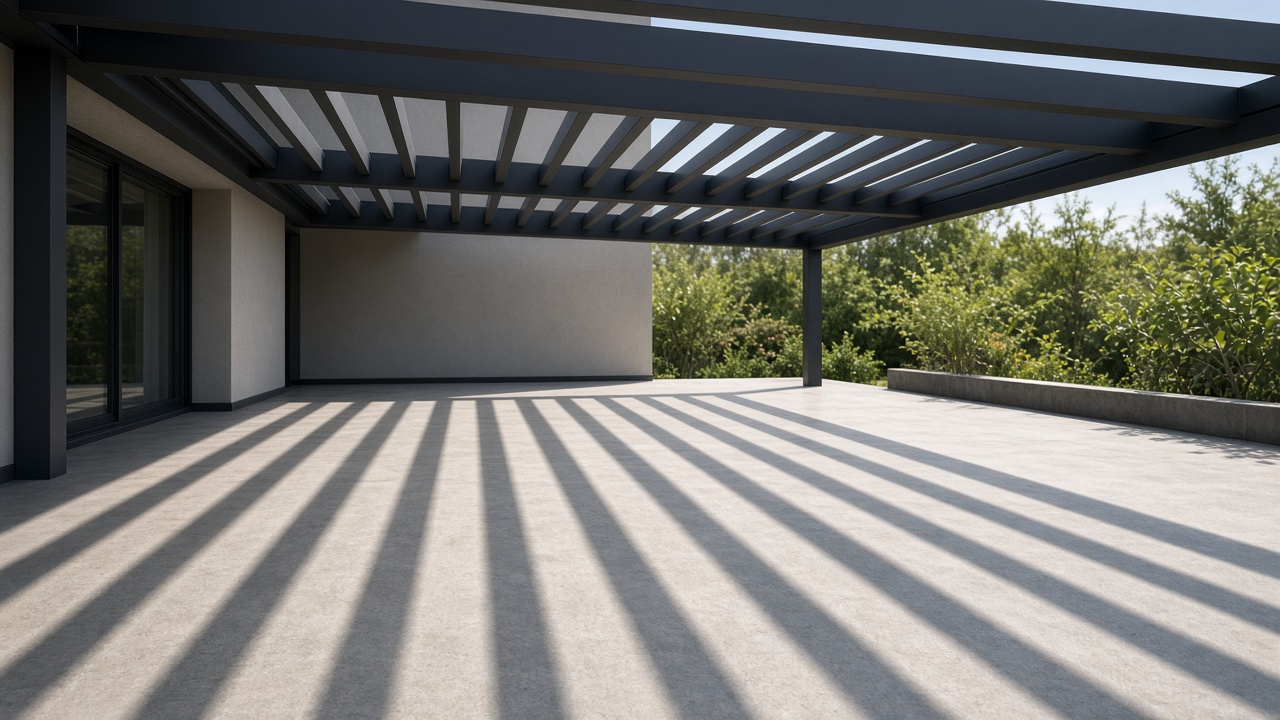 Tilted louvers casting stripes of sun and shade on a patio. Concept visualization · Not a customer installation