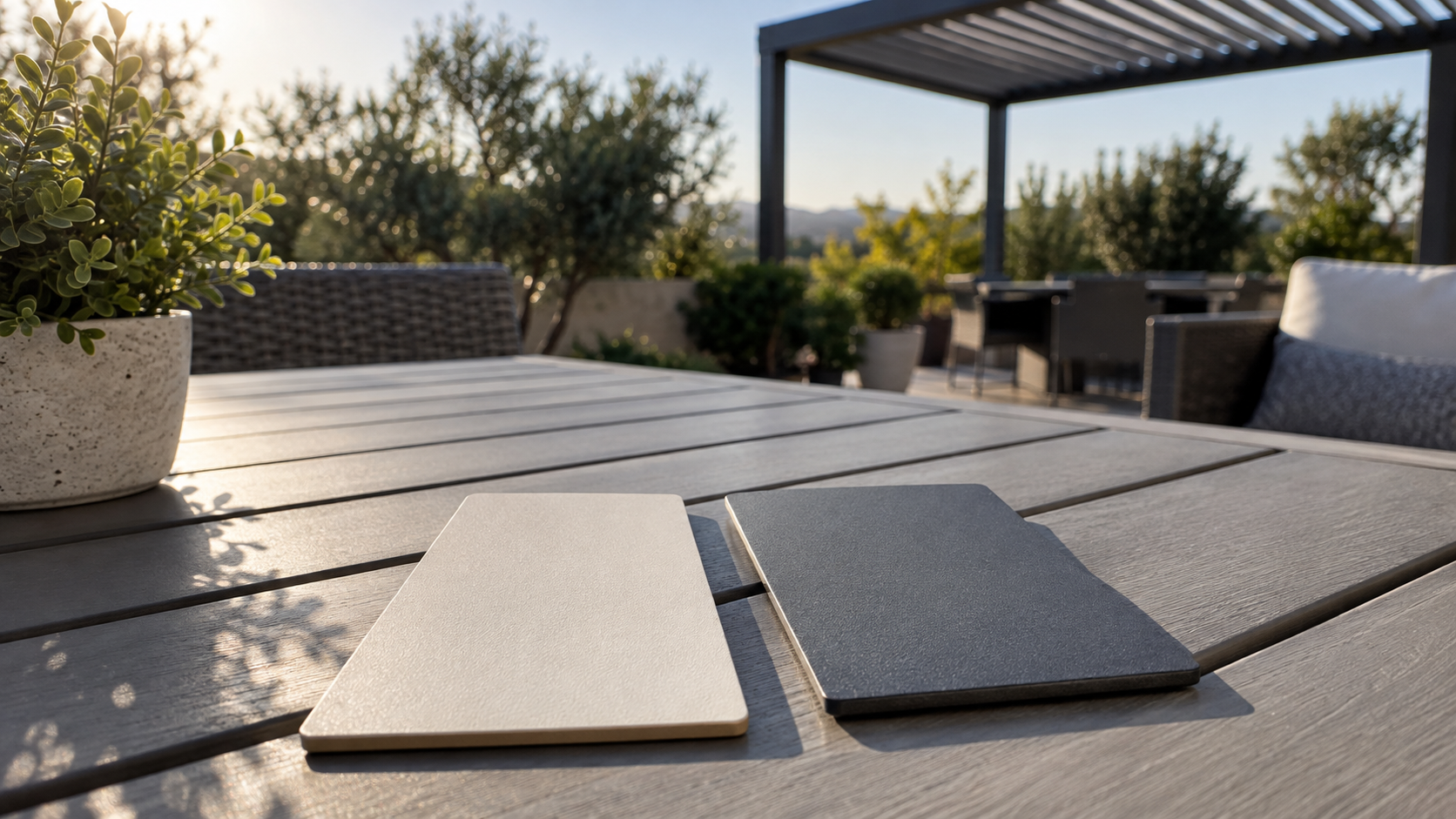 Powder-coated finish samples on a patio table. Concept visualization · Not a customer installation