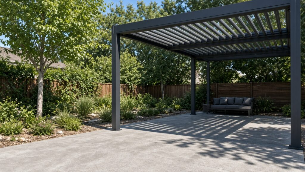 Louvered pergola in full sun with shade stripes on the patio. Concept visualization · Not a customer installation