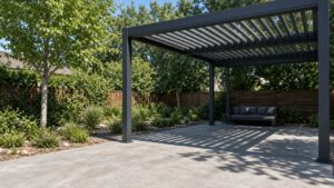 Louvered pergola in full sun with shade stripes on the patio. Concept visualization · Not a customer installation