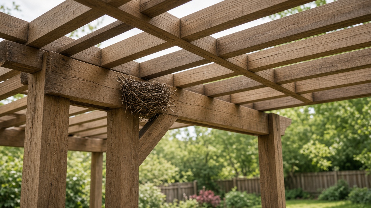 Twig nest tucked at the joint of an open wood pergola. Concept visualization · Not a customer installation