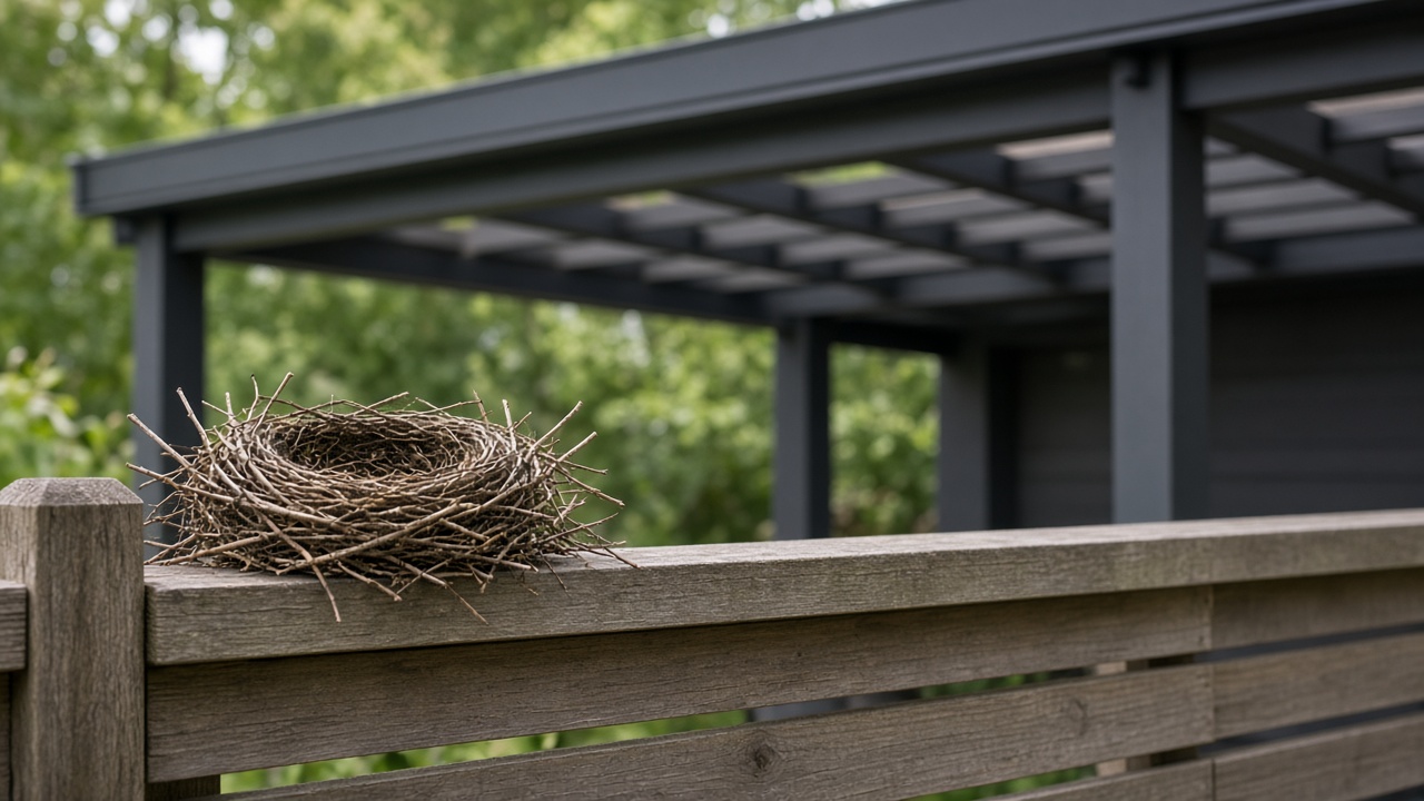 Twig nest on a wooden fence, with a louvered pergola behind it. Concept visualization · Not a customer installation