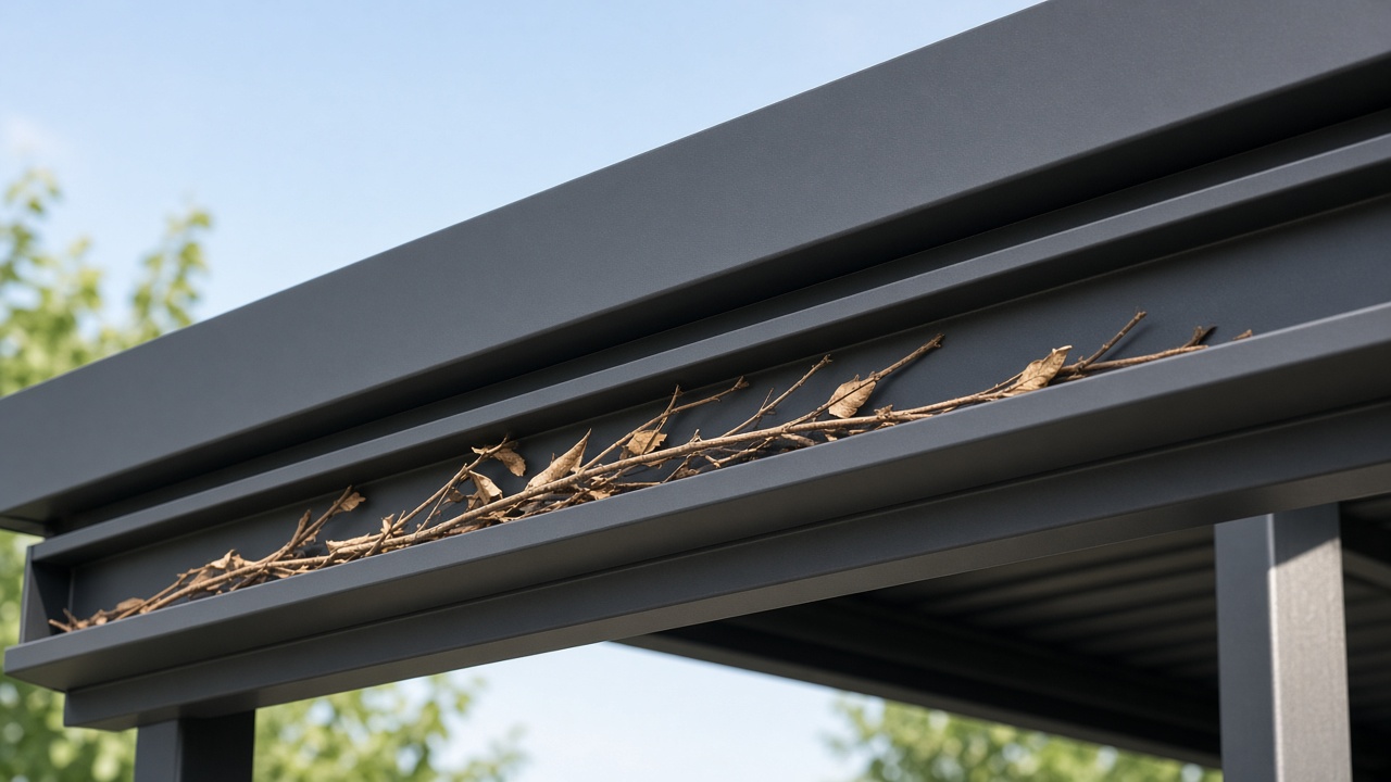 Dry twigs sitting in an aluminum pergola beam channel. Concept visualization · Not a customer installation