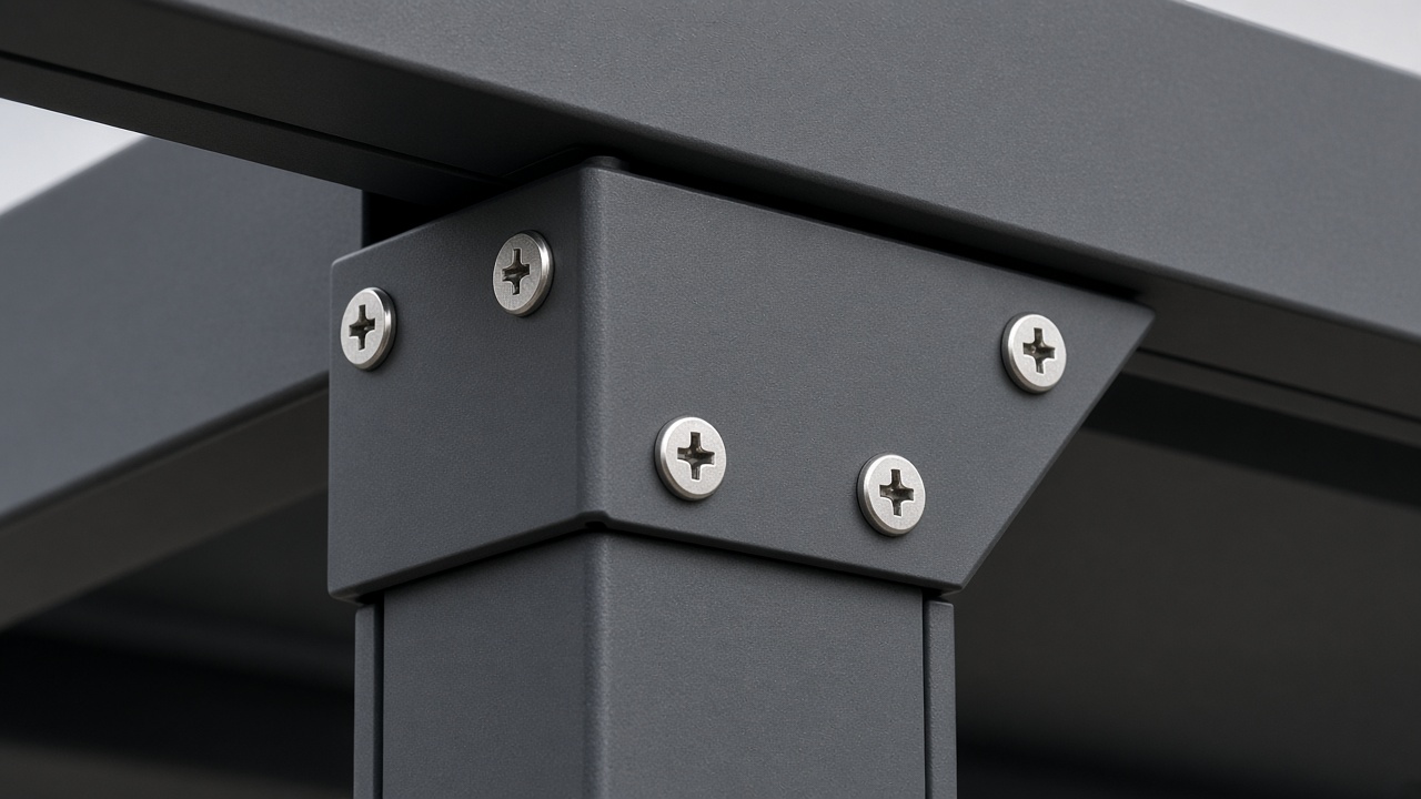 Stainless steel screws on an aluminum pergola joint. Concept visualization · Not a customer installation