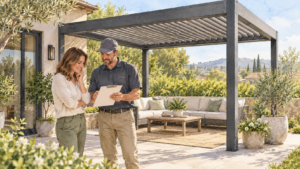 Homeowner and installer discussing a blank checklist beside a generic completed pergola. Concept visualization · Not a customer installation