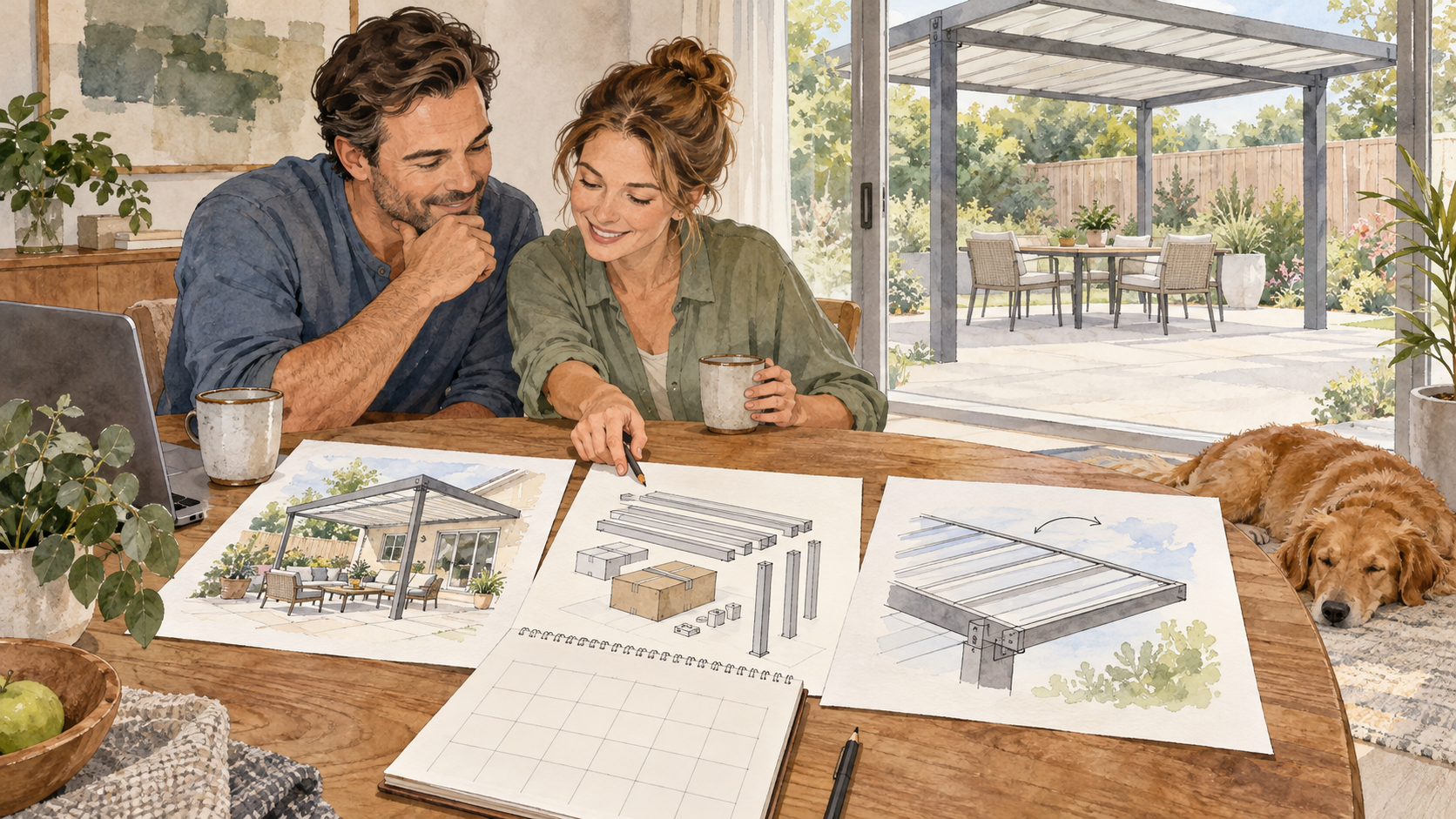 Homeowners comparing unlabelled site, component and roof-check sketches with a blank calendar. Concept visualization · Not a customer installation