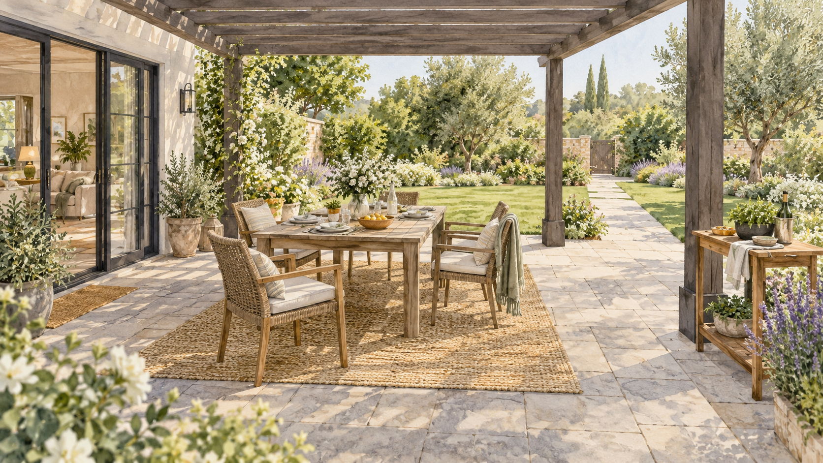 Patio dining table with pulled-out chairs and a separate serving table beside a clear route. Concept visualization · Not a customer installation