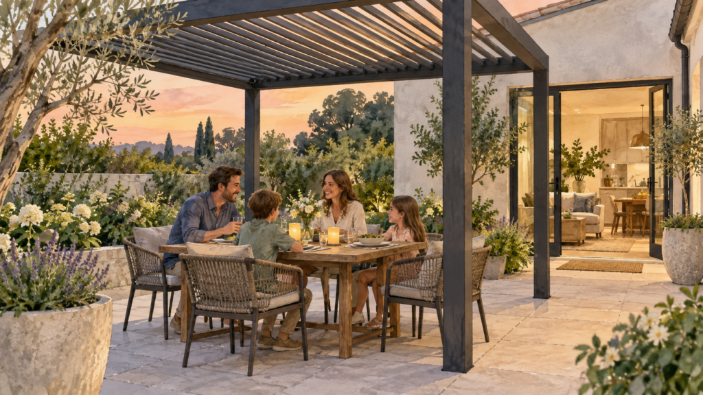 Family dinner beneath a generic louvered pergola. Concept visualization · Not a customer installation