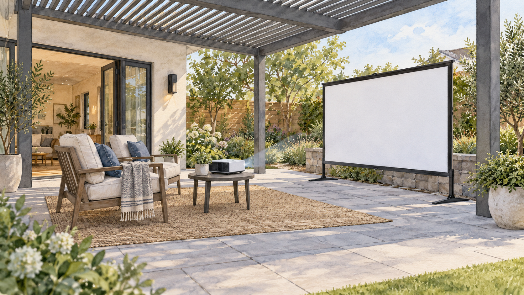 Independent projector table and freestanding screen in front of patio seating. Concept visualization · Not a customer installation