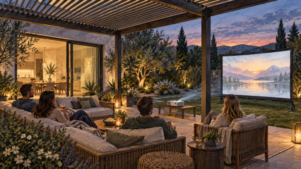 Movie gathering under a generic pergola facing an independent screen. Concept visualization · Not a customer installation