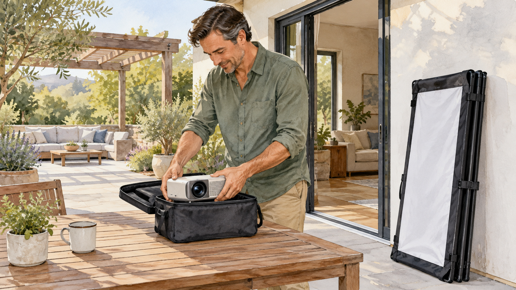 Homeowner placing a portable projector into a case beside a folded independent screen. Concept visualization · Not a customer installation
