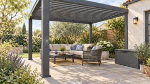 Generic louvered pergola patio with a reachable web on a post and closed storage box. Concept visualization · Not a customer installation