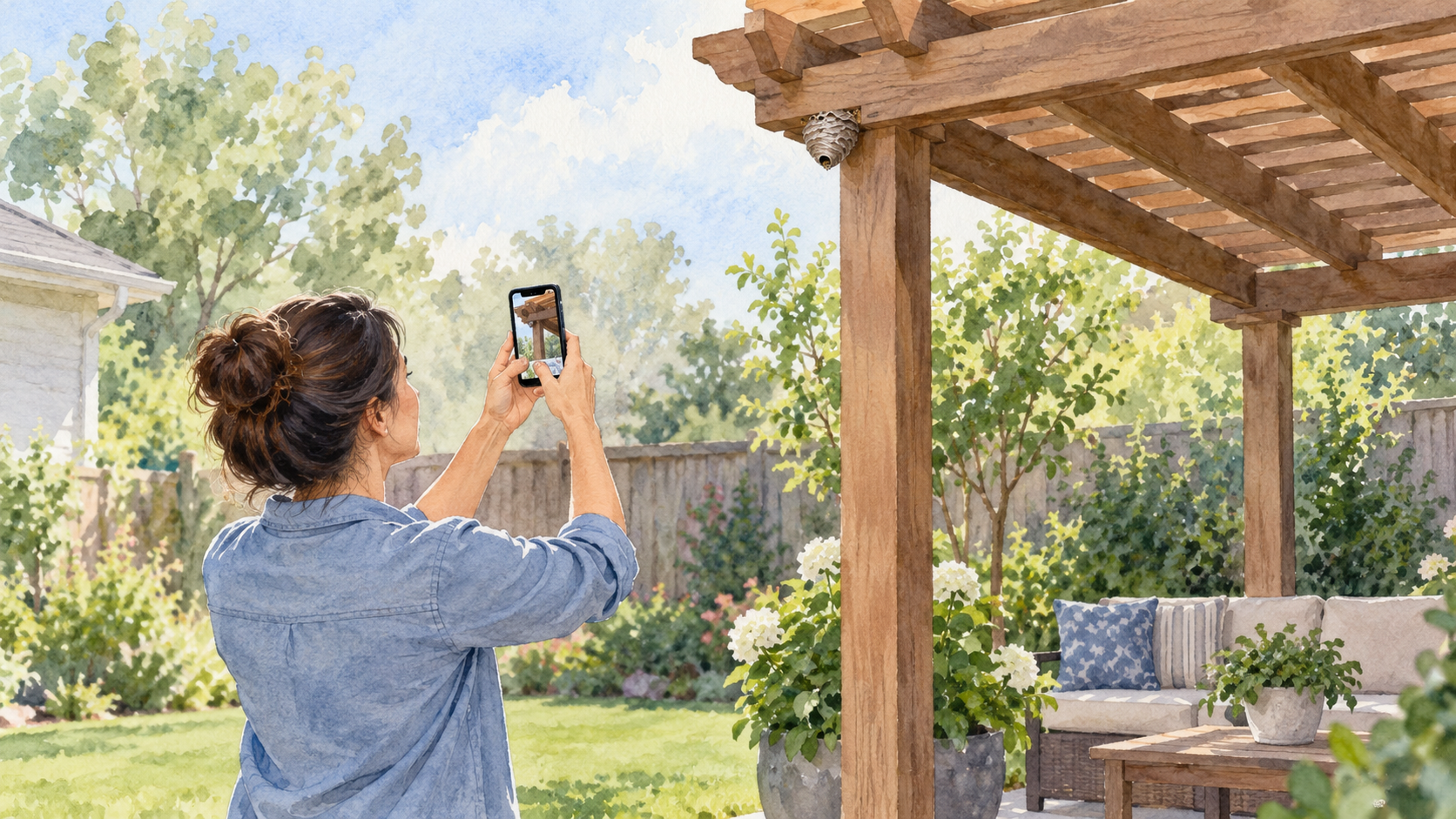 A person photographing a papery nest on a generic wooden pergola from the ground. Concept visualization · Not a customer installation