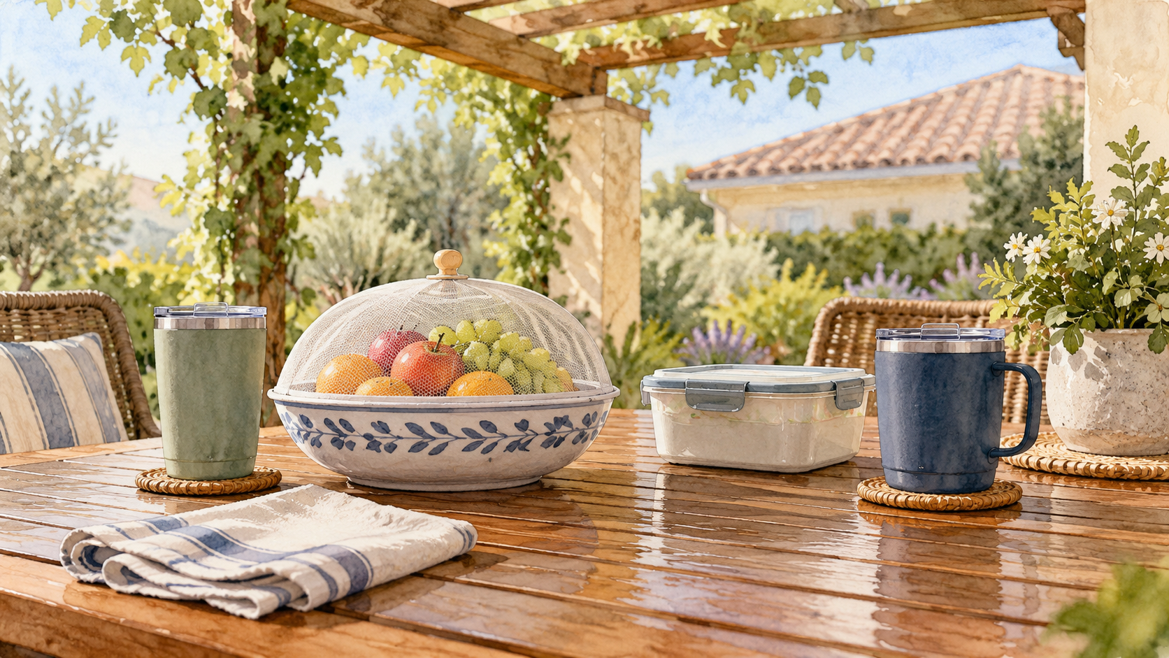 Covered fruit bowl and lidded drinks on a patio table. Concept visualization · Not a customer installation