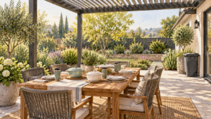 Covered serving dishes and closed rubbish container on a pergola patio. Concept visualization · Not a customer installation