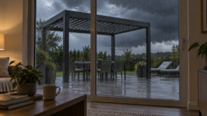 Empty pergola patio during rain viewed from inside through closed doors. Concept visualization · Not a customer installation