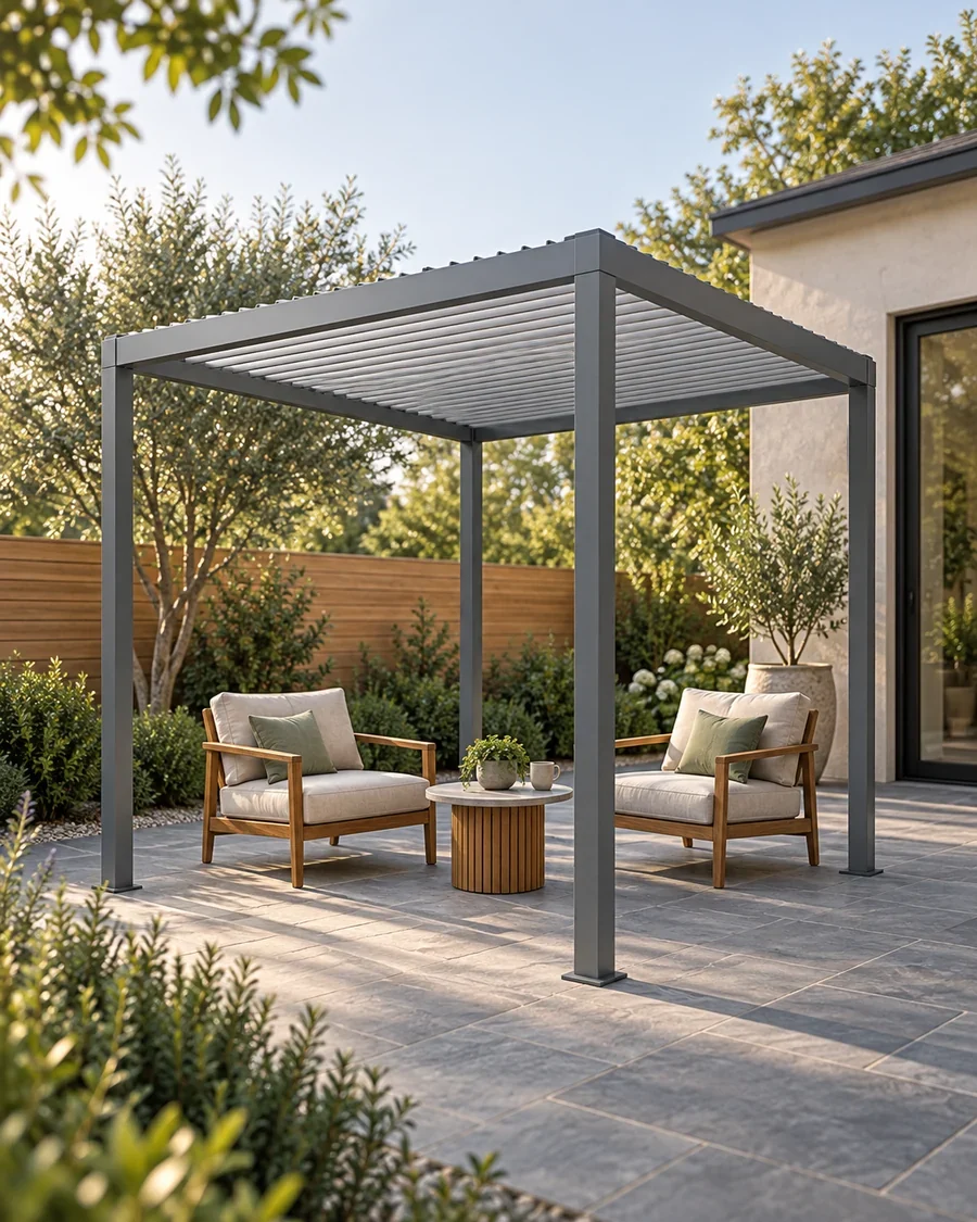 A compact pergola with two chairs and a small table. Concept visualization · Not a customer installation