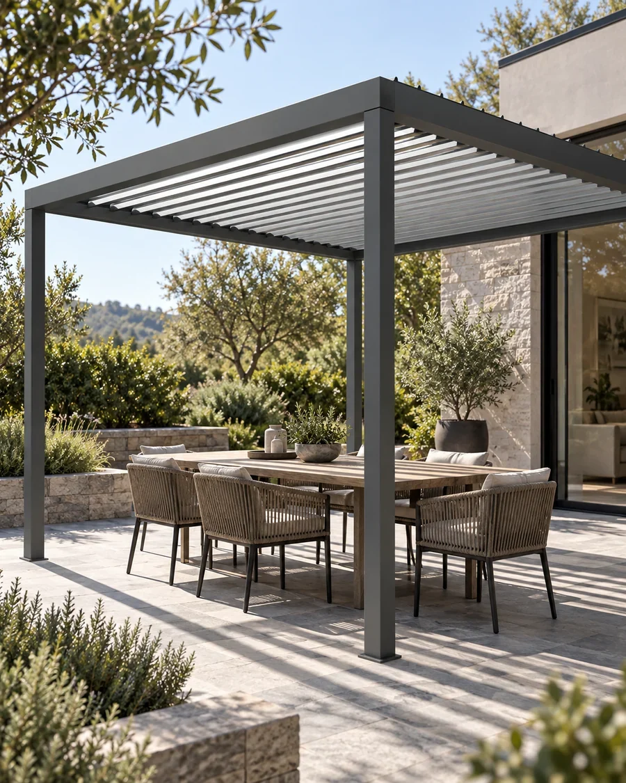 Striped midday shade over a dining table. Concept visualization · Not a customer installation