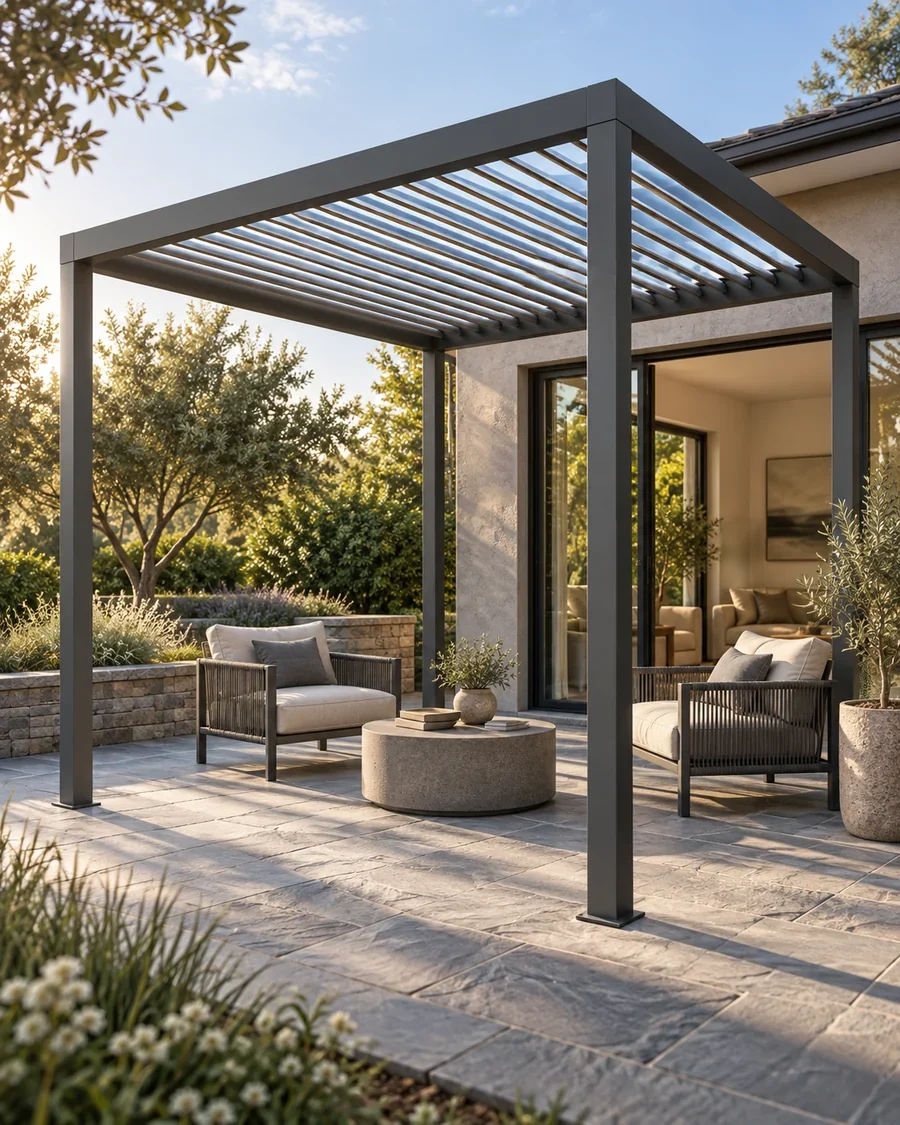 Morning light beneath an open louvered roof. Concept visualization · Not a customer installation