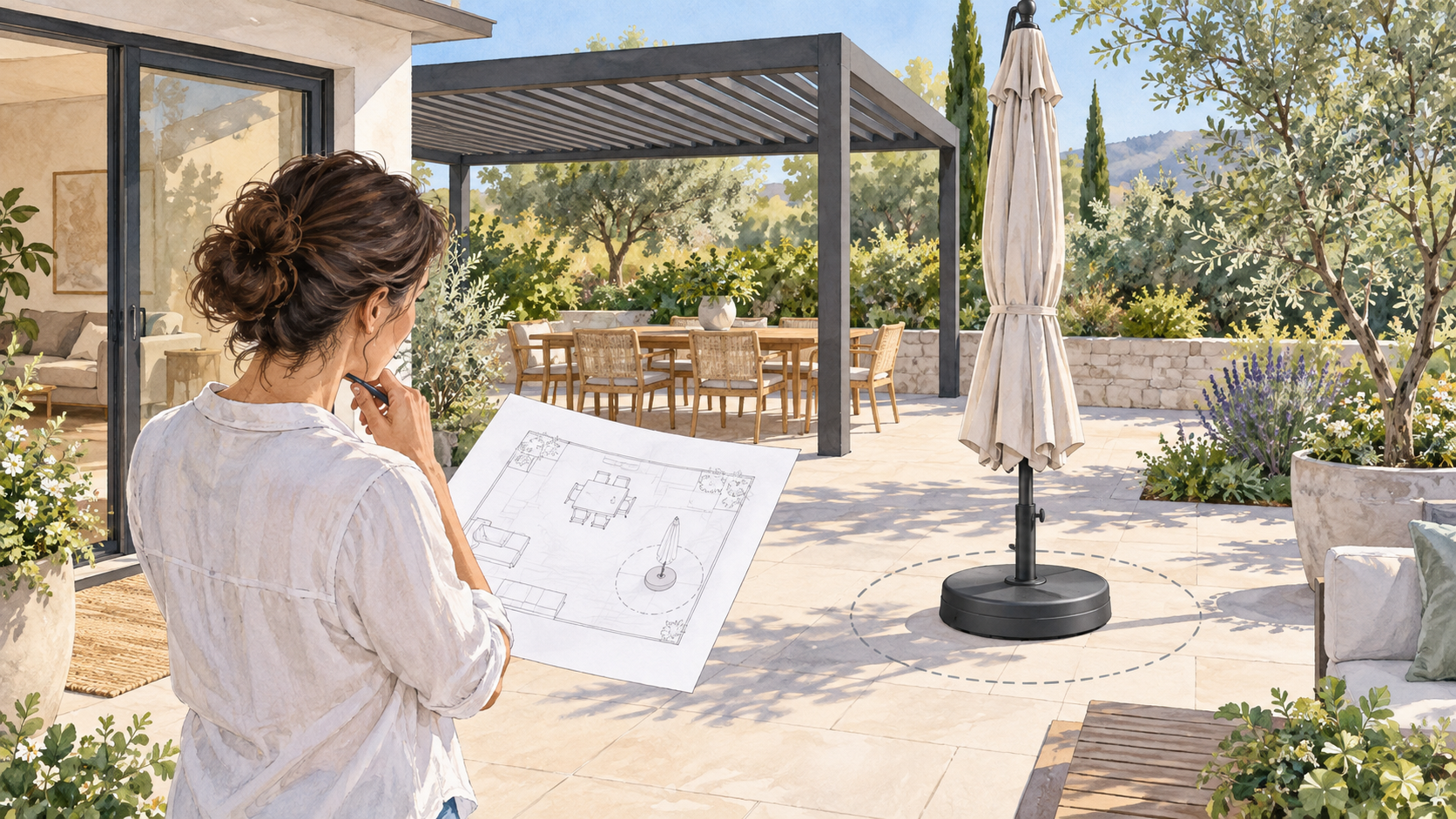Homeowner reviewing a patio sketch beside a closed umbrella on its own base. Concept visualization · Not a customer installation