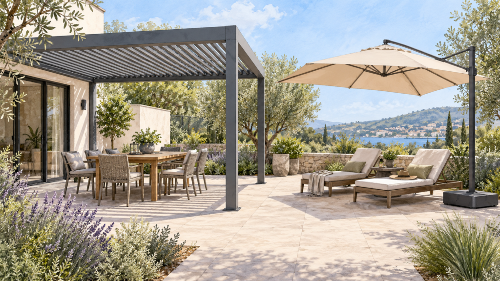 Separate louvered pergola and cantilever umbrella shading different seating areas. Concept visualization · Not a customer installation