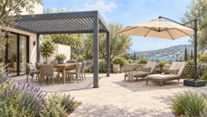Separate louvered pergola and cantilever umbrella shading different seating areas. Concept visualization · Not a customer installation
