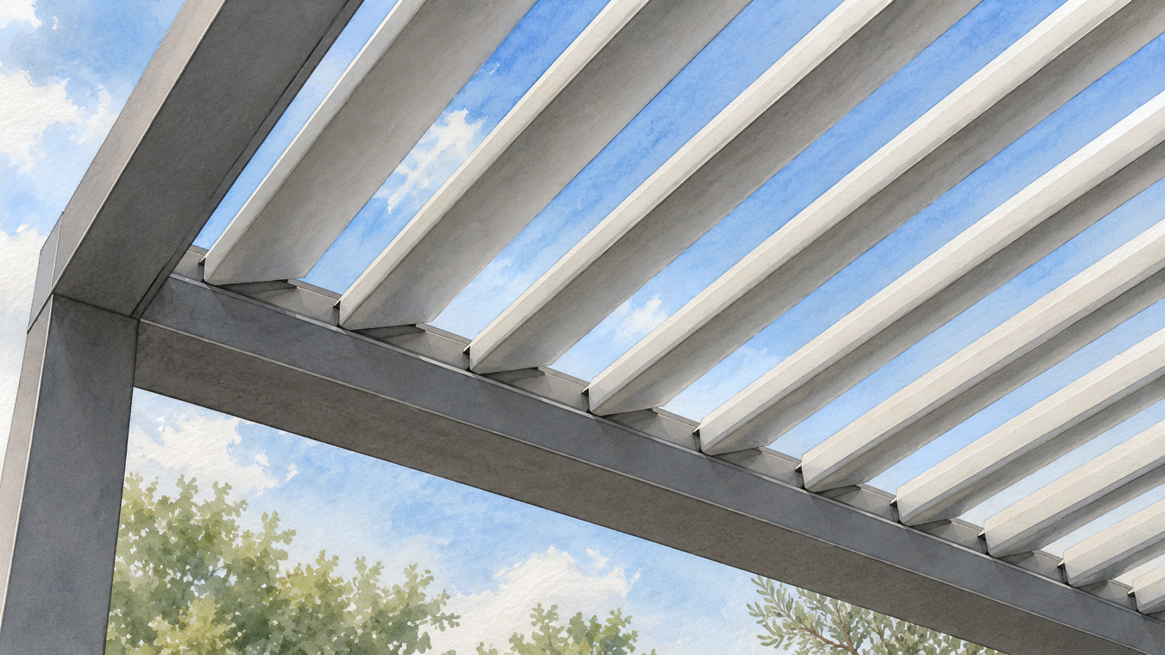 Tilted aluminum louvers remaining across a generic pergola roof. Concept visualization · Not a customer installation