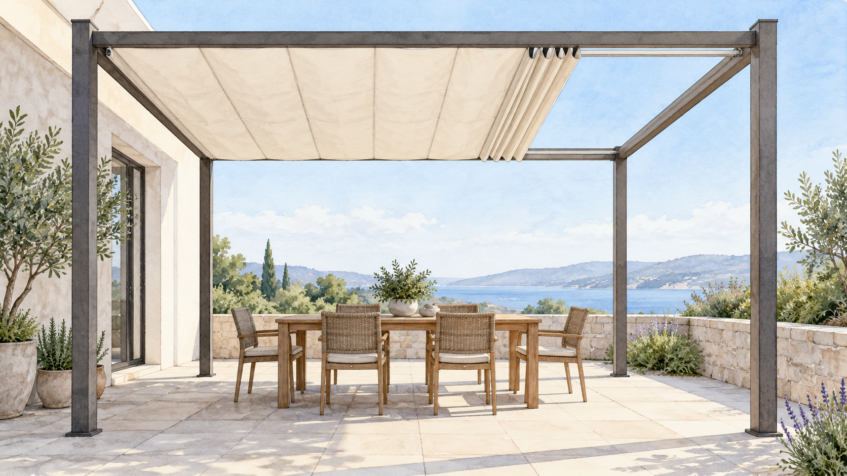 Partly gathered fabric canopy on rails above a patio table. Concept visualization · Not a customer installation