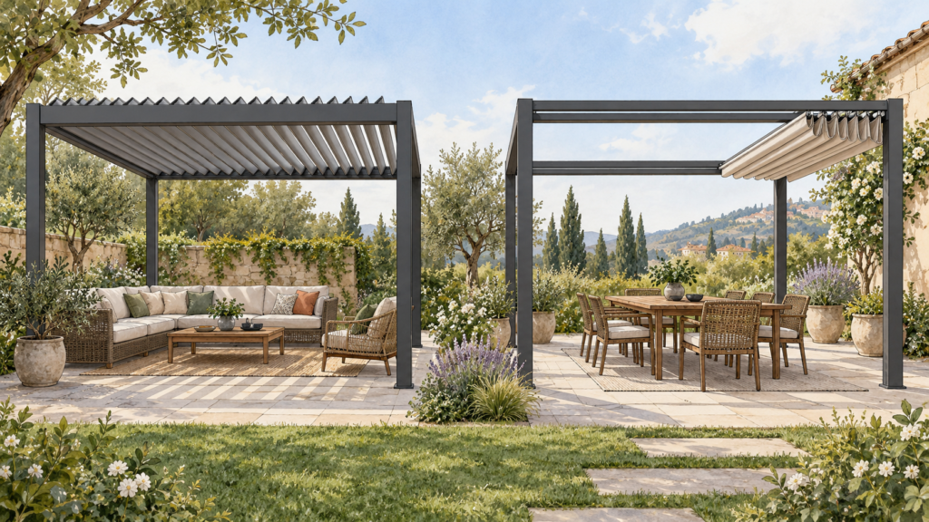 Generic tilted-louver pergola beside a pergola with gathered fabric canopy. Concept visualization · Not a customer installation