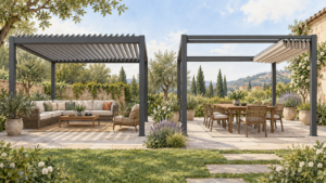 Generic tilted-louver pergola beside a pergola with gathered fabric canopy. Concept visualization · Not a customer installation