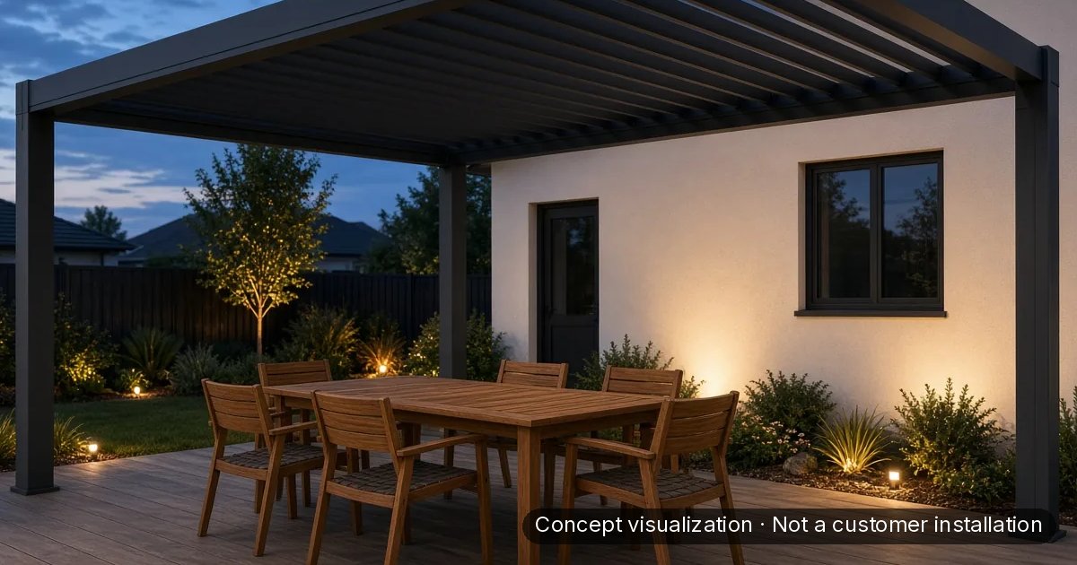 A Louvano louvered pergola. Concept visualization · Not a customer installation