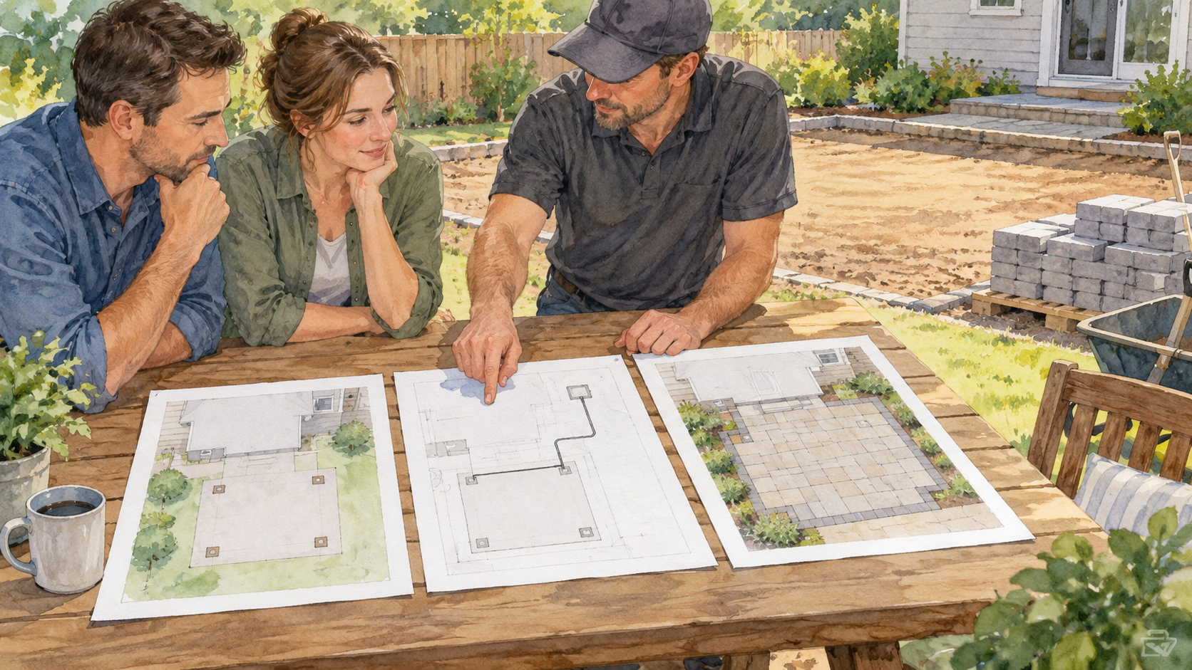 Homeowners and contractor reviewing unlabelled site and paving plans beside an unfinished patio. Concept visualization · Not a customer installation