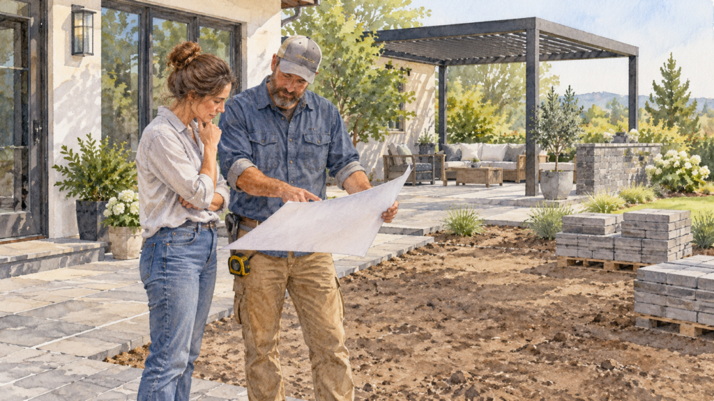 Homeowner and contractor planning an unfinished patio beside a generic pergola. Concept visualization · Not a customer installation
