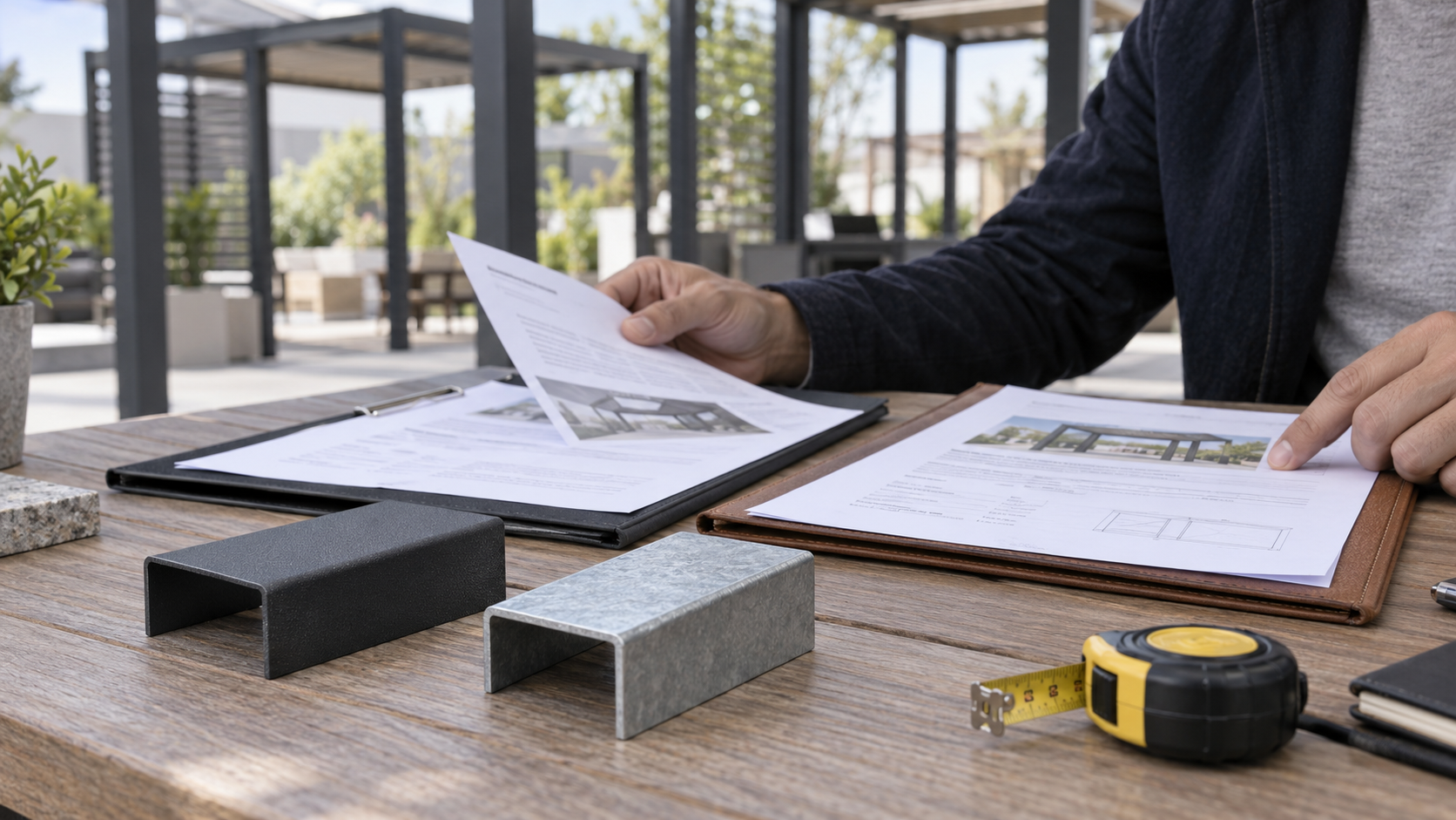 Buyer comparing pergola documents beside two generic metal finish samples. Concept visualization · Not a customer installation