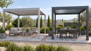 Two generic metal pergola roof arrangements in an outdoor display setting. Concept visualization · Not a customer installation