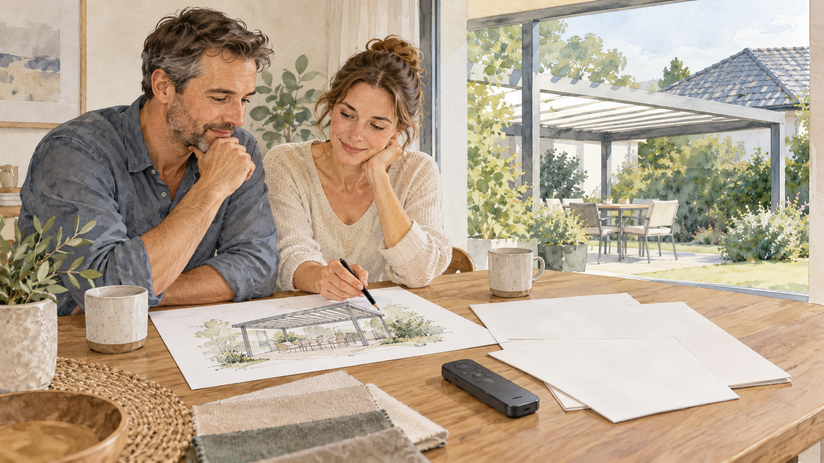 Homeowners reviewing a generic roof sketch and blank specification sheets beside a remote. Concept visualization · Not a customer installation